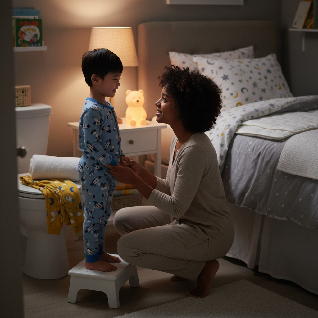 Rotina noturna simples com último xixi, cama protegida e troca rápida sem vergonha