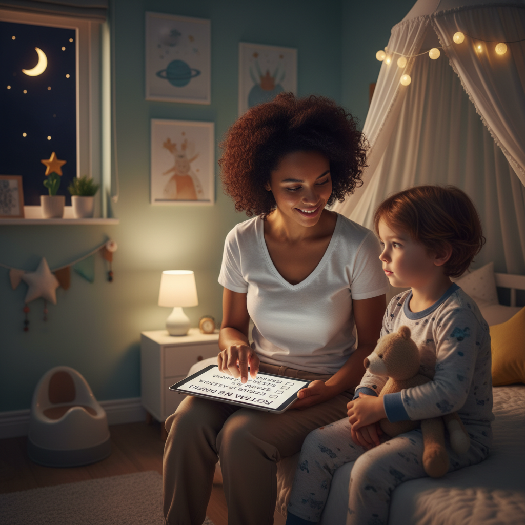Mãe conferindo rotina antes de dormir durante o desfralde noturno