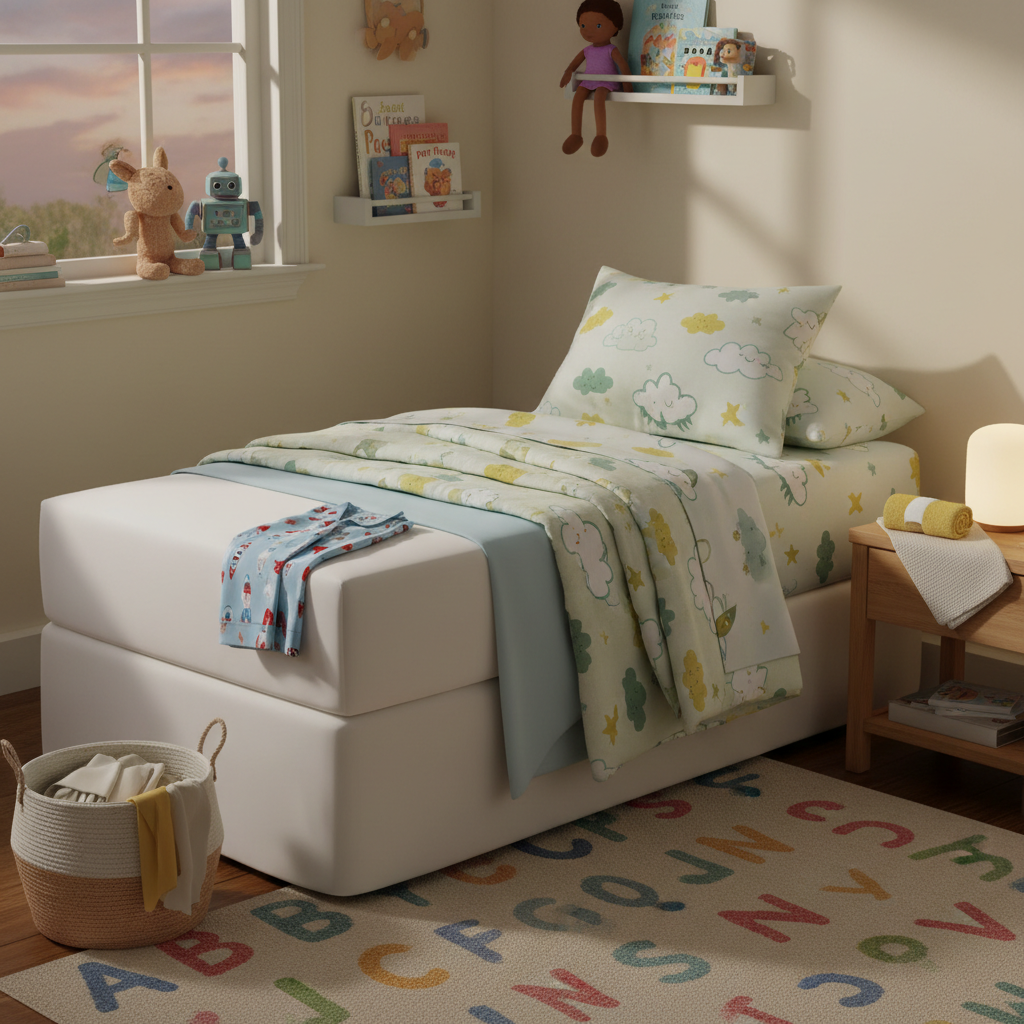 Quarto infantil organizado com protetor impermeável e roupa extra para acidentes noturnos
