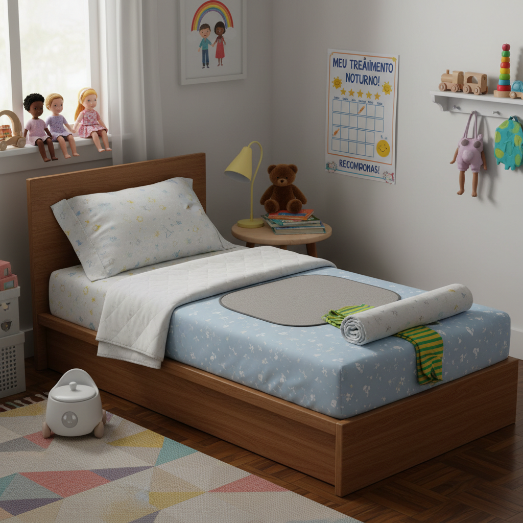 Quarto preparado para desfralde noturno com protetor impermeável e roupa de cama extra