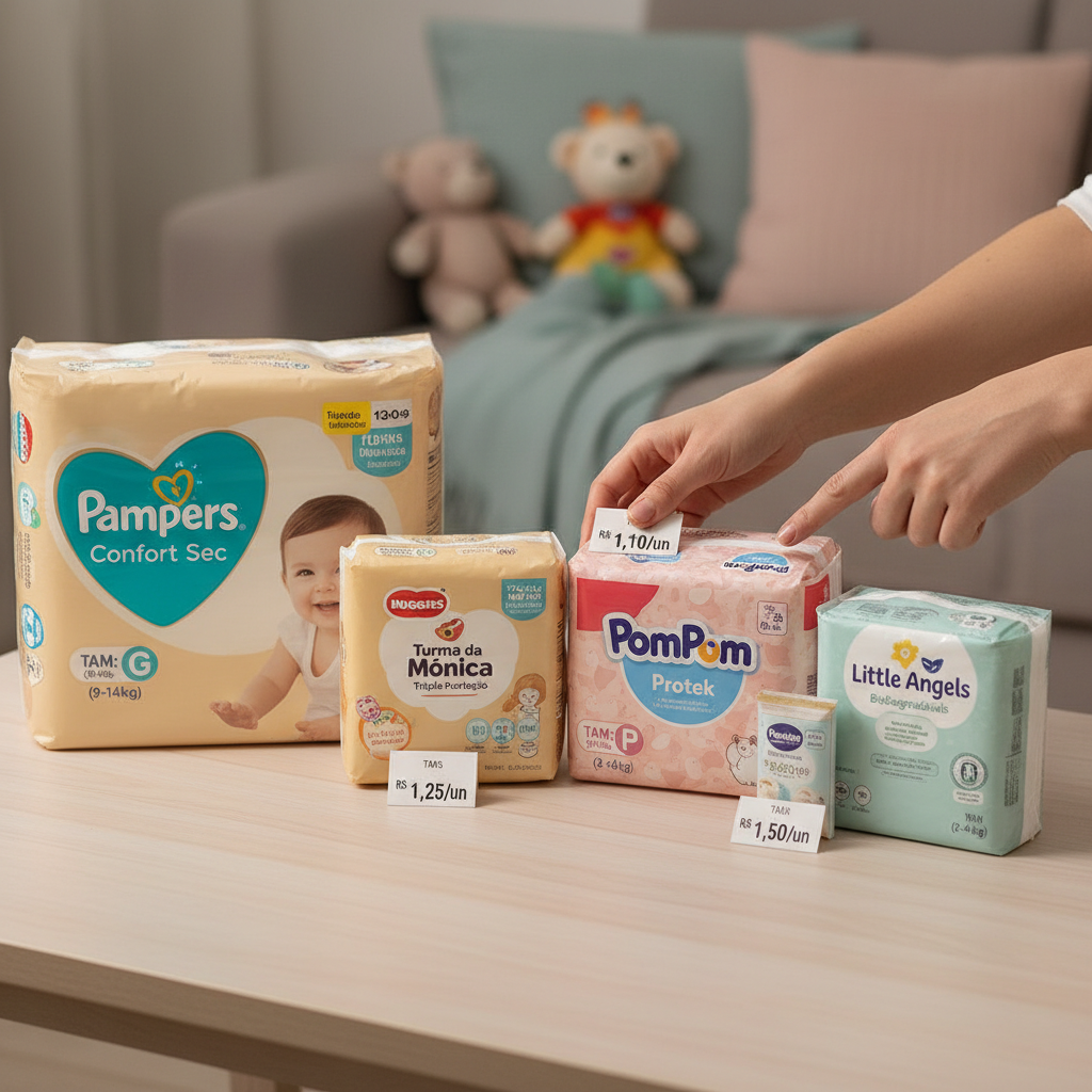 Fraldas de diferentes tamanhos organizadas por fase do bebê
